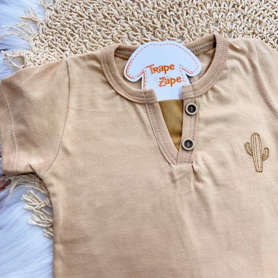 Conj. Camiseta Cacto e Bermuda em Moletinho - Caramelo
